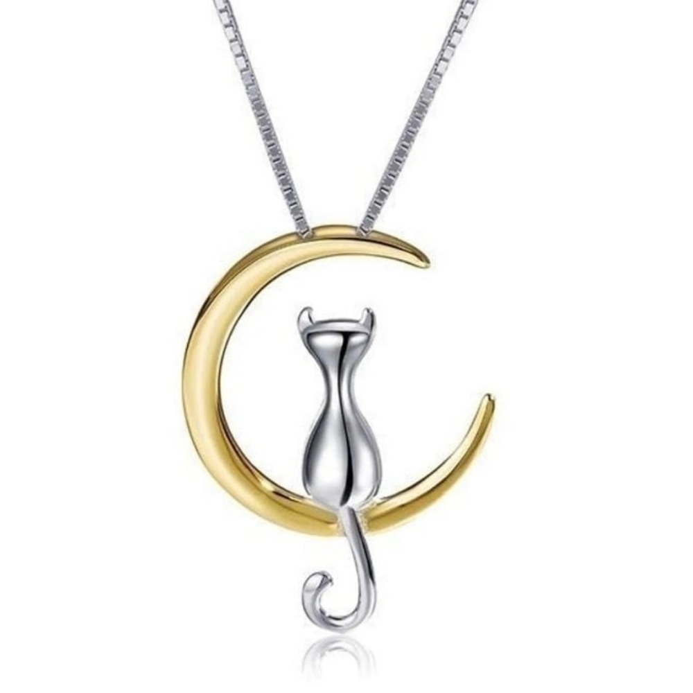 NEW Cute Gold and Silver Cat Moon Pendant Necklace